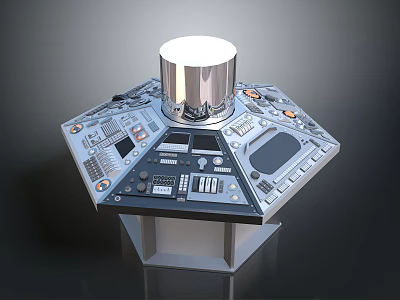 Technical Control Console With Metallic Cylindrical Top Hexagonal Panel Buttons Knobs And 3d model