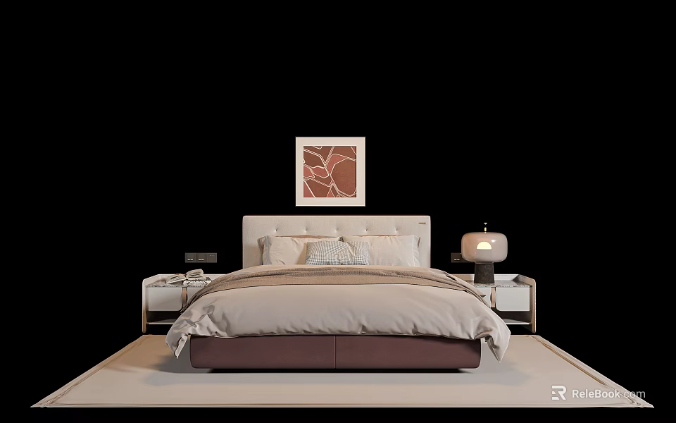 Modern Double Bed With Beige Bedding White Headboard And Bedside Tables With Lamp On Carpet 3d model 