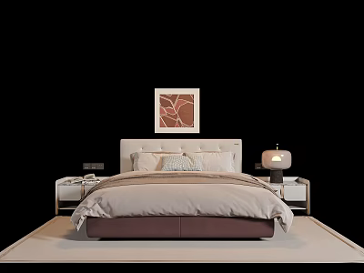 Modern Double Bed With Beige Bedding White Headboard And Bedside Tables With Lamp On Carpet 3d model