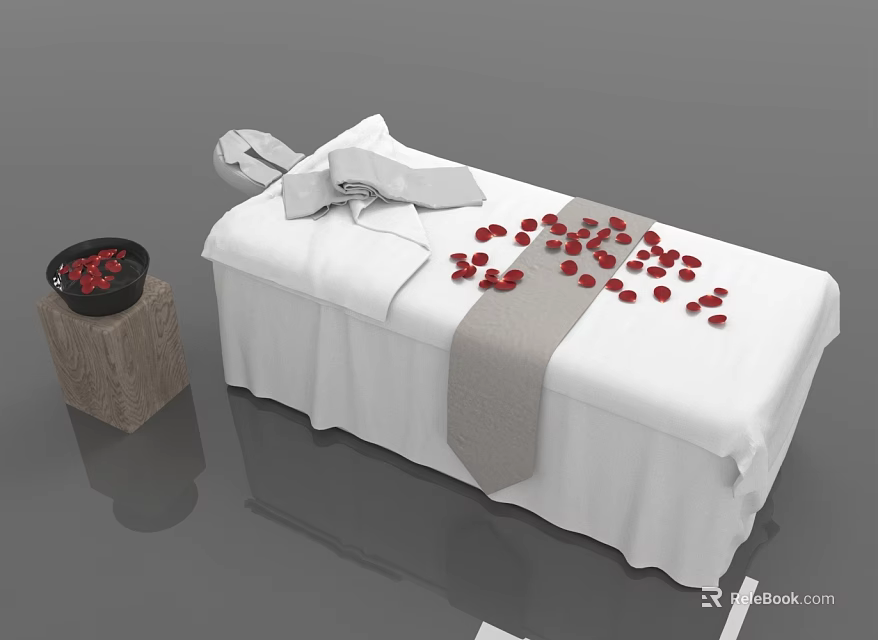 Massage Bed with White Sheets Gray Sash and Red Petals Near Stone Pedestal Black Bowl 3d model 