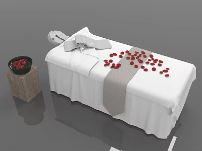 Massage Bed with White Sheets Gray Sash and Red Petals Near Stone Pedestal Black Bowl 3d model