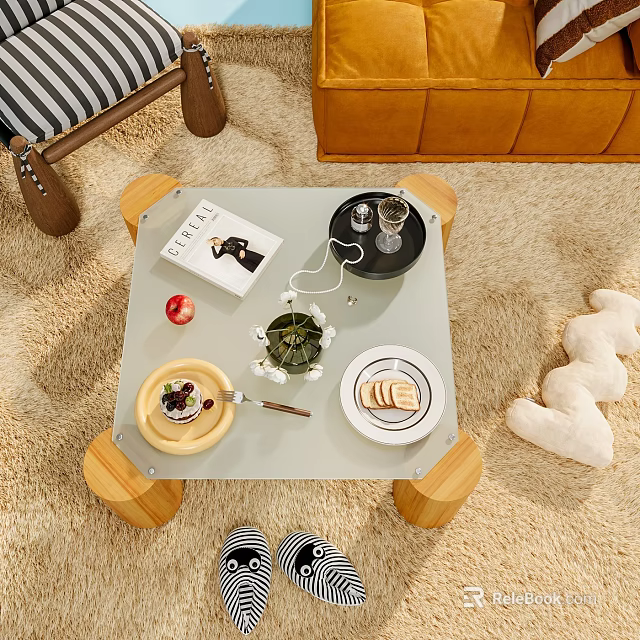 Decorative Ornaments Display On Coffee Table With Book Plant Pastry And Plush Toy 3d model 