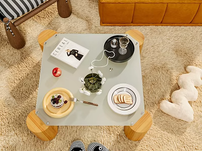 Decorative Ornaments Display On Coffee Table With Book Plant Pastry And Plush Toy 3d model