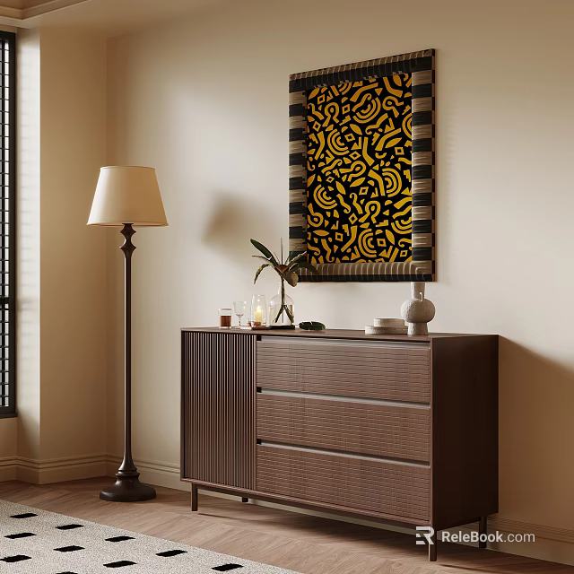 Entryway Console Sideboard Cabinet with Floor Lamp Decorative Items and Patterned Wall Art 3d model