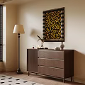 Entryway Console Sideboard Cabinet with Floor Lamp Decorative Items and Patterned Wall Art 3d model