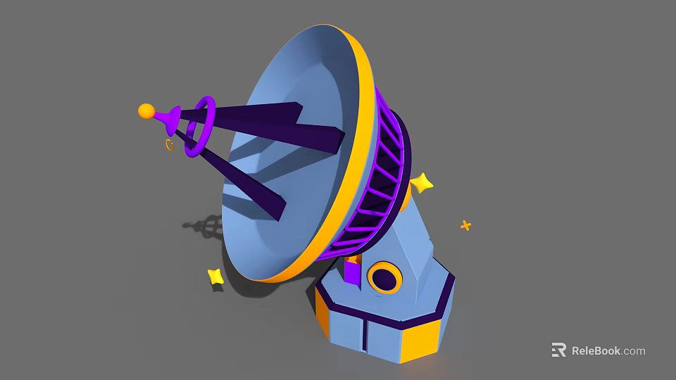 Cartoon Satellite Dish with Blue Yellow Purple Colors and Star Decorations 3d model 