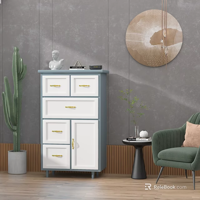 Modern White and Blue Chest of Drawers with Decorative Items Cactus and Round Wall Art 3d model 