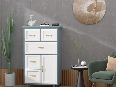 Modern White and Blue Chest of Drawers with Decorative Items Cactus and Round Wall Art 3d model