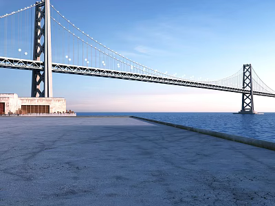 Scenic Modern Suspension Bridge Over Ocean With Blue Sky And Concrete Pier 3d model