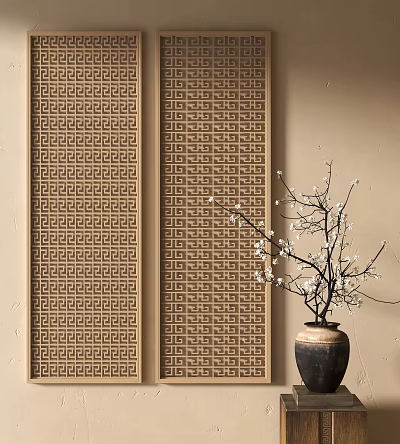 Brown Geometric Carved Screen with White Flower Vase on Light Wall 3d model