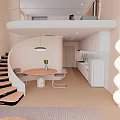 Modern Apartment Interior With Spiral Staircase Round Dining Table And White Cabinets