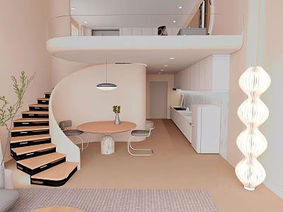 Modern Apartment Interior With Spiral Staircase Round Dining Table And White Cabinets 3d model