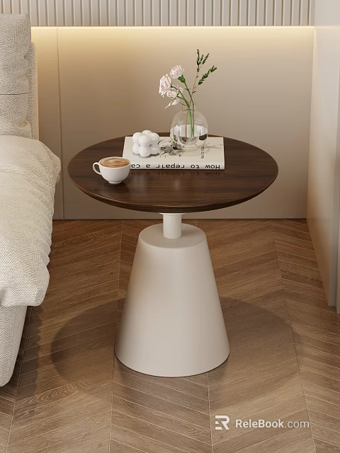 Modern Minimalist Side Table With Dark Wood Round Top And White Cone Base 3d model 
