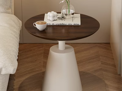 Modern Minimalist Side Table With Dark Wood Round Top And White Cone Base 3d model