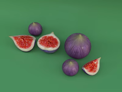 Fresh Whole and Sliced Figs on Green Background with Red Flesh and Seeds 3d model