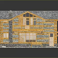 Two Story Log Cabin Model With Stone Walls Wooden Roof And Balcony Bench