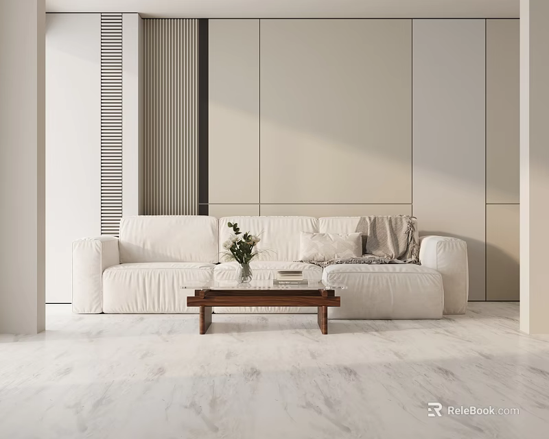 Modern Three-Seater Sofa in Minimalist Living Room with Coffee Table Vase Books and Marble Floor 3d model 