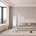 Modern Elegant Bedroom Interior With White Wooden Wall Panel Bed Wardrobe Mirror Carpet And Plant