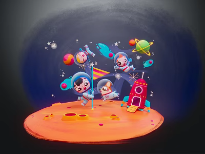 Cartoon Astronaut Game Characters On Orange Platform With Red Rocket Planets Stars And Flag 3d model