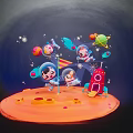 Cartoon Astronaut Game Characters On Orange Platform With Red Rocket Planets Stars And Flag