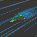 Futuristic Silver Spaceship With Blue Thrusters And Blue Light Trails On Gray Background