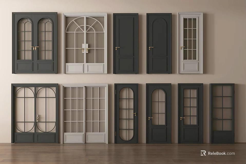 Various Styles of Hinged Doors with Glass Panels and Wooden Frames in Different Colors 3d model 