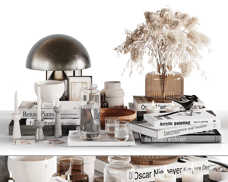 Stylish Decorative Ornament Set with Table Lamp Dried Flowers Books Glassware 3d model 