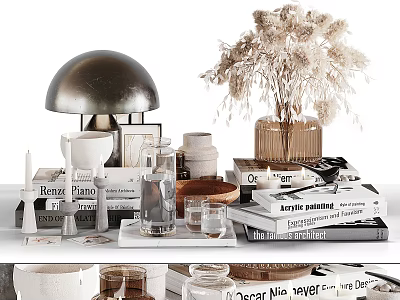 Stylish Decorative Ornament Set with Table Lamp Dried Flowers Books Glassware 3d model
