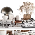 Stylish Decorative Ornament Set with Table Lamp Dried Flowers Books Glassware