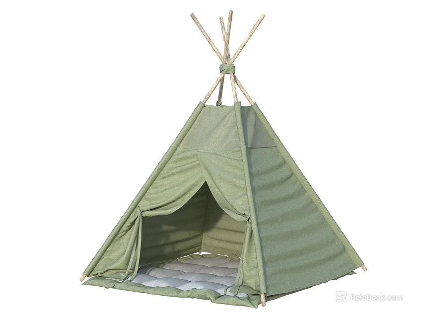 Green Tipi Tent With Wooden Poles Open Doorway And Cushioned Interior 3d model 
