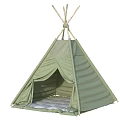 Green Tipi Tent With Wooden Poles Open Doorway And Cushioned Interior