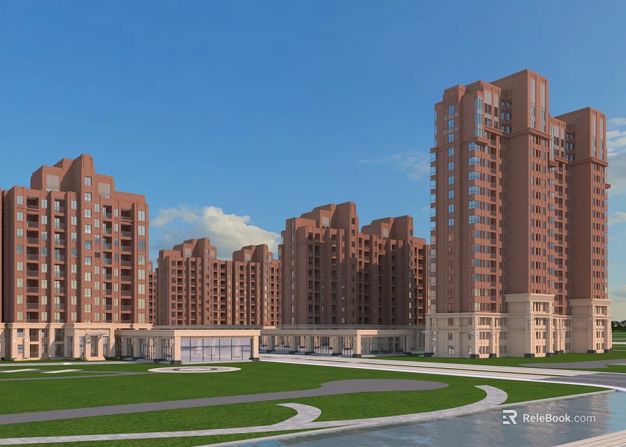 Modern Brown Residential Buildings Featuring Green Lawns Spacious Courtyard And Blue Sky 3d model 