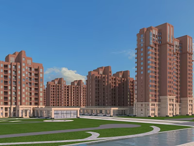 Modern Brown Residential Buildings Featuring Green Lawns Spacious Courtyard And Blue Sky 3d model
