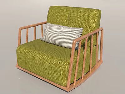 Comfortable Green Single Sofa With Wooden Frame Armrests And Striped Decorative Pillow 3d model