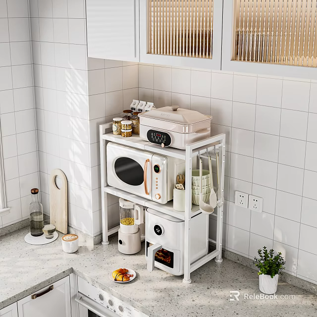 Modern White Kitchen Organizer Rack With Microwave Electric Cooker And Kitchenware Jars 3d model