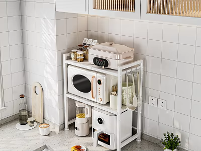 Modern White Kitchen Organizer Rack With Microwave Electric Cooker And Kitchenware Jars 3d model