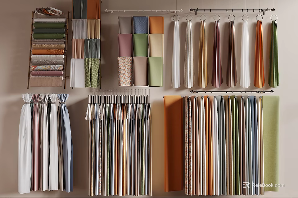 Various Colors Different Materials Curtains Displayed on Racks for Modern Home Decor 3d model 