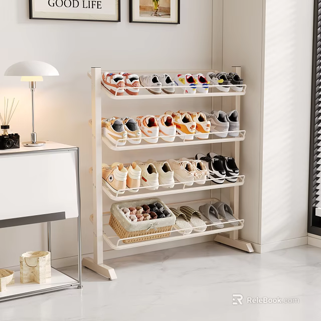 White Multi Tiered Shoe Rack for Storing Shoes in Modern Interior with Woven Basket 3d model 