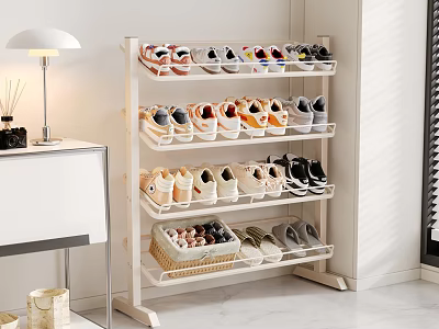 White Multi Tiered Shoe Rack for Storing Shoes in Modern Interior with Woven Basket 3d model