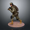 Game and Movie Character in Camouflage Uniform with Helmet Backpack Weapon Standing on Circular Base
