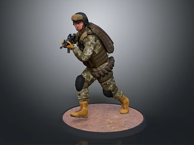 Game and Movie Character in Camouflage Uniform with Helmet Backpack Weapon Standing on Circular Base 3d model