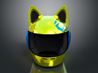 Commercial Equipment Yellow Helmet With Cat Ear Design Blue Accents And Black Visor 3d model