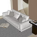 Modern Double Sofa with Soft Pillows Side Table Wooden Wall and Window in Bright Space