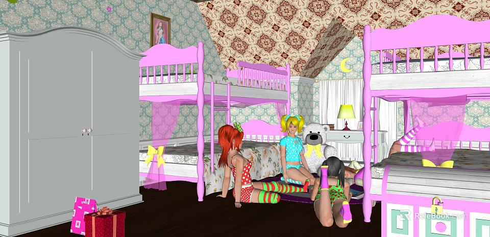 Girls Playing In Bedroom With Pink Bunk Beds Patterned Wallpaper And Moon Decoration 3d model 