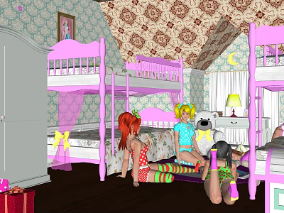 Girls Playing In Bedroom With Pink Bunk Beds Patterned Wallpaper And Moon Decoration 3d model