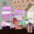 Girls Playing In Bedroom With Pink Bunk Beds Patterned Wallpaper And Moon Decoration