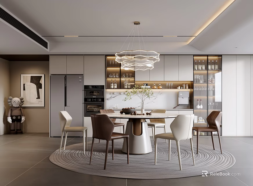 Modern Dining Room Interior With Round Table Chairs Pendant Light And Decorative Rug 3d model 