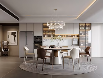 Home Restaurant Dining Table and Chair Combination Round Table Sideboard Oven Refrigerator Sculpture Green Plant Chandelier 3d model