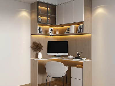 Modern Wooden Desk Setup With Computer Monitor Bookshelf Lamp And Vase 3d model