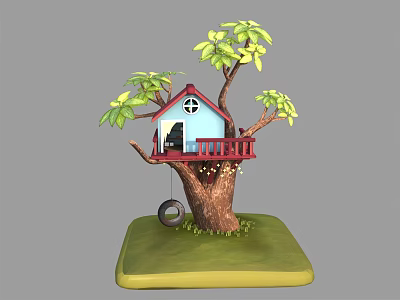 Cartoon Treehouse Scene With Blue House Red Railing Tire Swing And Green Grass 3d model